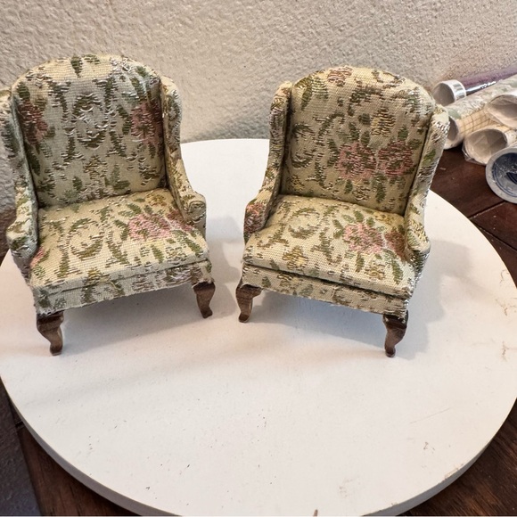 Vintage dollhouse Miniature furniture Wooden upholstery chairs - Picture 4 of 4